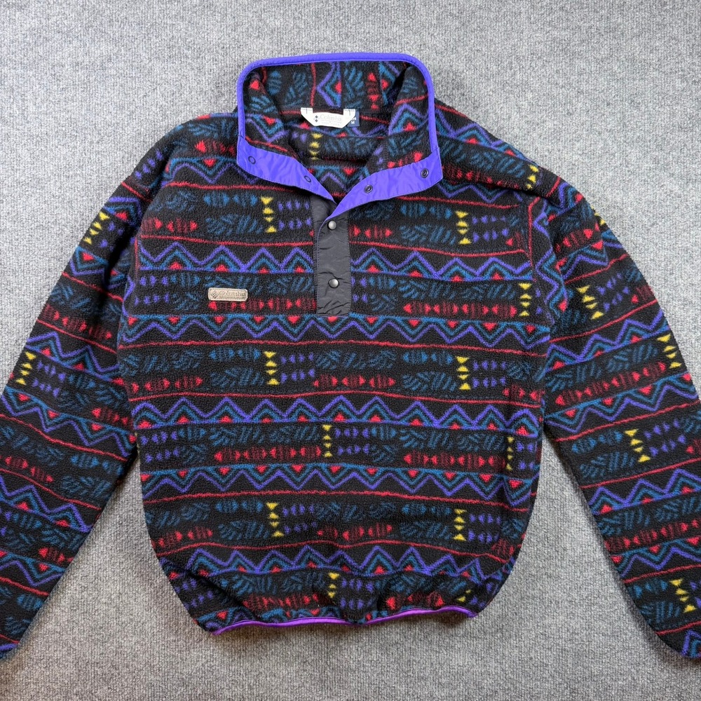 Columbia Aztec Geometric Vintage 90s Made in USA T Snap Fleece Pullover M Black